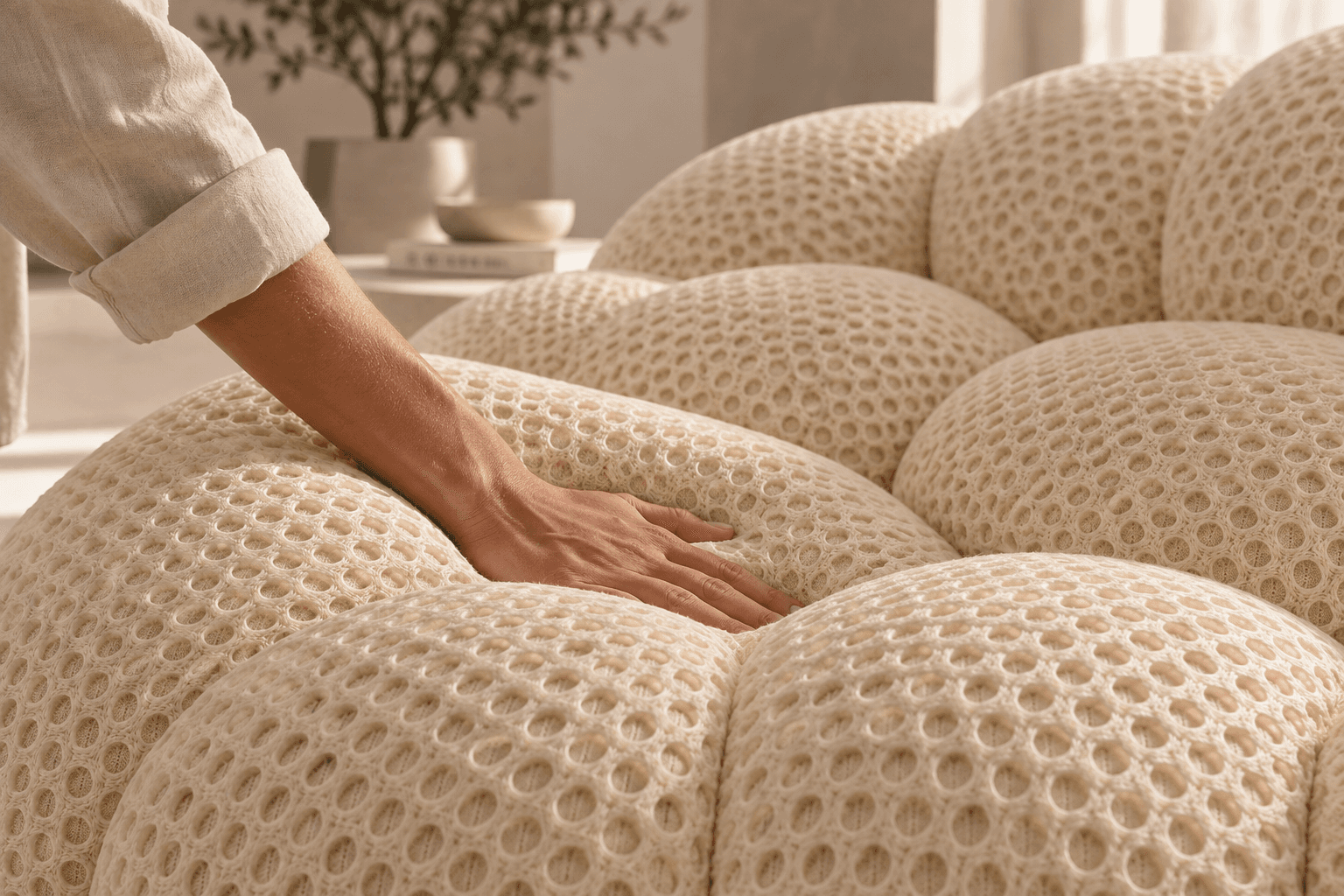 Détail du matelassé texturé et moelleux d'un canapé bulle mynid